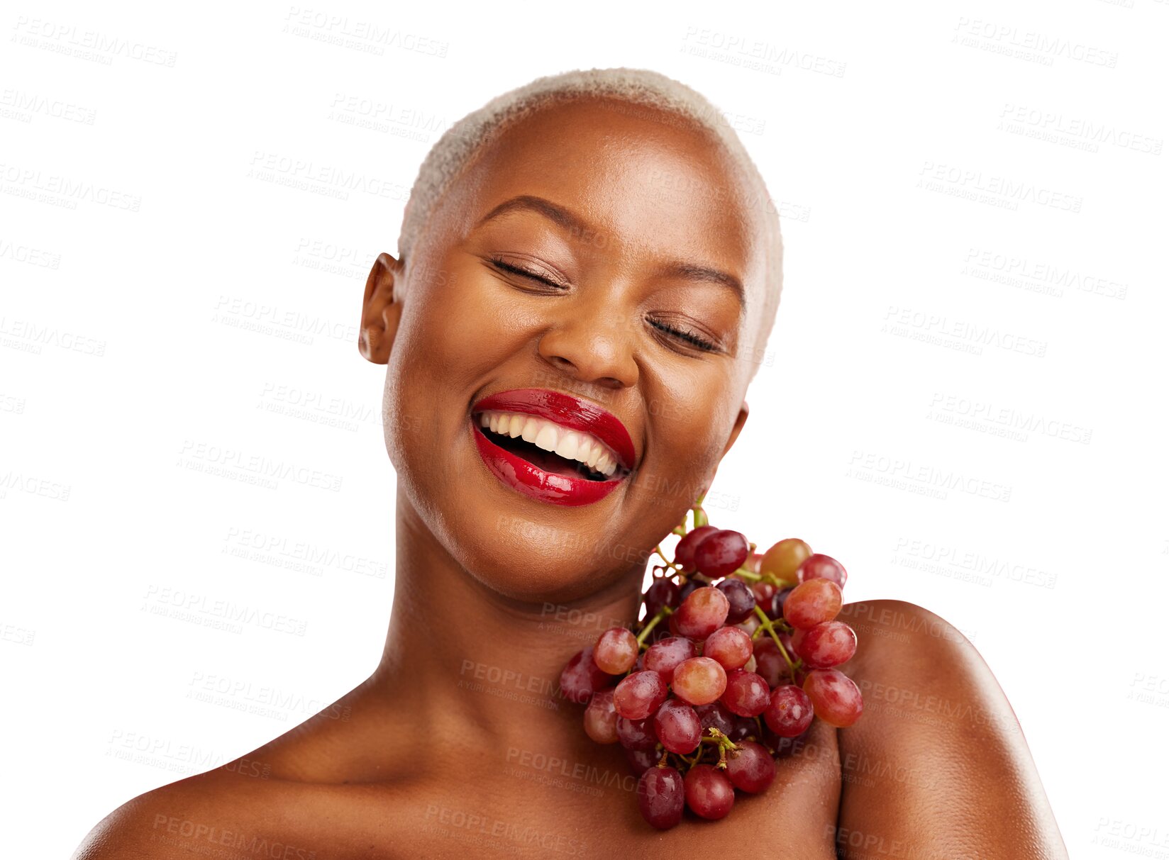 Buy stock photo Happy black woman, smile or grapes for skincare, health or diet nutrition for wellness, beauty or fruit. Face, hydration or African person with food choice isolated on transparent png background