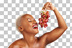 Happy, eating and black woman with grapes on a red background fo