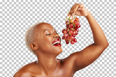 Buy stock photo Happy black woman, eating or grapes for health, skincare or diet nutrition for hydration, beauty or fruit. Wellness, smile or African person with food choice isolated on transparent png background 