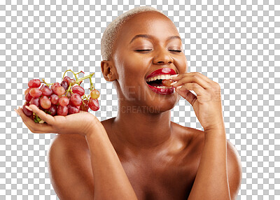 Buy stock photo Happy black woman, eating or grapes for skincare, health or diet nutrition for hydration, beauty or fruit. Wellness, smile or African person with food choice isolated on transparent png background 