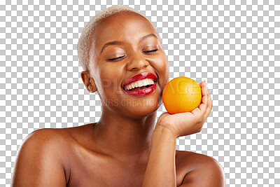 Buy stock photo Skincare, orange and happy black woman with fruit on isolated, transparent or png background. Citrus, face and African female model smile for skin, detox or weight loss, nutrition or healthy snack