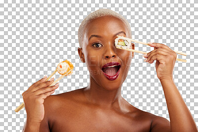 Buy stock photo Portrait, black woman and sushi for health, diet or balance on isolated, transparent or png background. Seafood, face and African female model excited for raw food diet, omega 3 or skincare benefits