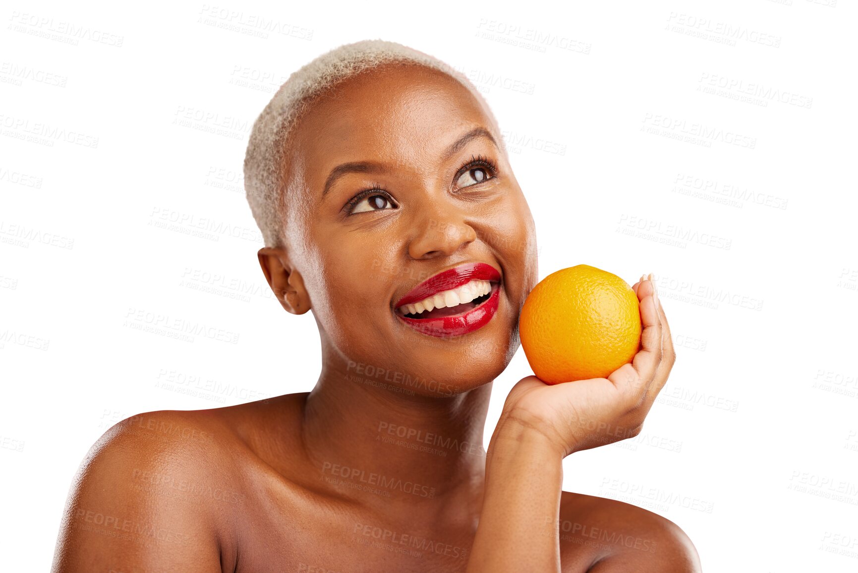 Buy stock photo Beauty, thinking face and woman with an orange isolated on png transparent background for health and wellness. Black person, smile or makeup with fruit for nutrition, healthy diet or vitamin detox