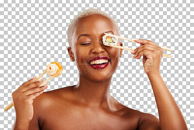 Buy stock photo Happy, black woman and sushi for health, diet or balance on isolated, transparent or png background. Seafood, face and African model smile for raw food, omega 3 or skincare, beauty or benefits