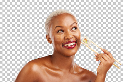Buy stock photo Isolated woman, beauty and sushi with smile, thinking or diet with food by transparent png background. African girl, model and chopsticks for nutrition, seafood or fish for wellness, health or vision