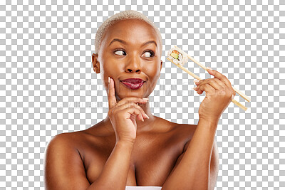 Buy stock photo Sushi, thinking and face of woman with chopsticks for healthy eating, beauty benefits or food isolated on transparent png background. African model, choice and ideas for omega 3, fish diet or seafood