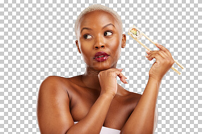 Buy stock photo Face, thinking or woman with chopsticks for sushi, healthy eating or nutrition food. Black person, model or makeup with wellness idea for seafood advertising or isolated on transparent png background