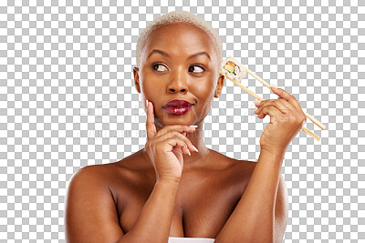 Buy stock photo Hands, thinking or woman with chopsticks for sushi, healthy eating or nutrition food. Black person, model or makeup with wellness idea in seafood advertising or isolated on transparent png background