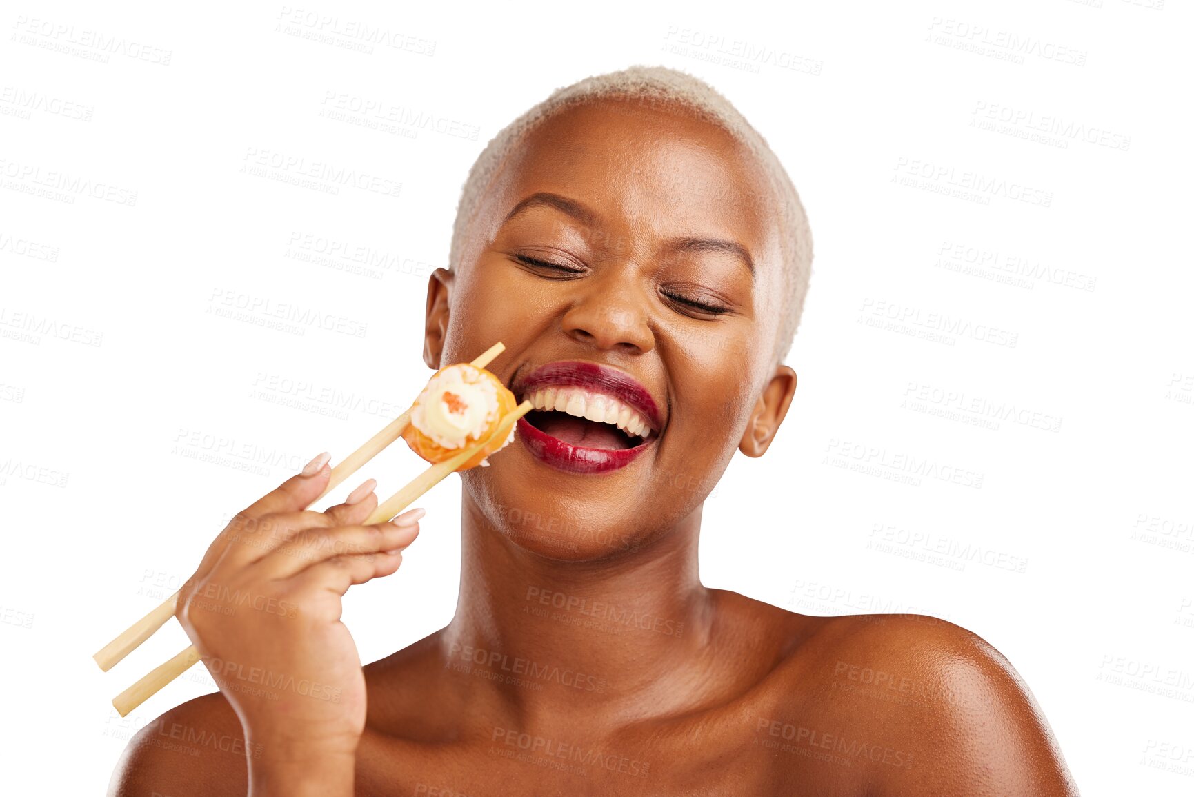 Buy stock photo Face, laugh and woman with chopsticks for sushi, healthy eating and beauty with nutrition food. Black person, model and makeup with glow for seafood lunch and isolated on transparent png background