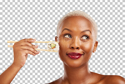 Buy stock photo Black woman, thinking and sushi with chopsticks, food and happiness isolated on transparent background. African person, girl or model with Japanese cuisine, wellness or shine with glow, png or makeup