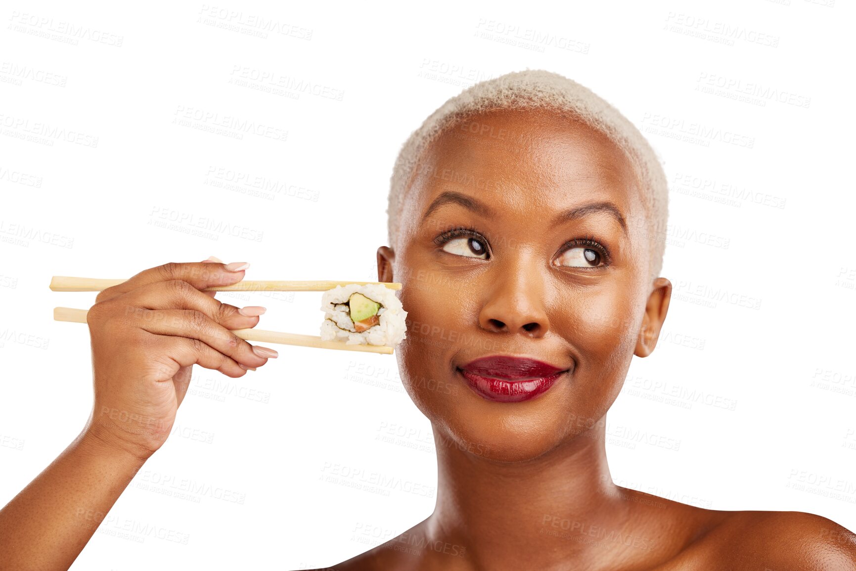 Buy stock photo Black woman, thinking and sushi with chopsticks, food and happiness isolated on transparent background. African person, girl or model with Japanese cuisine, wellness or shine with glow, png or makeup