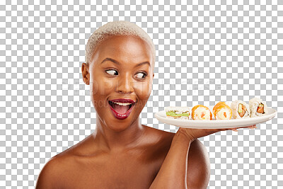 Buy stock photo Surprise, woman or restaurant for plate of sushi, healthy eating or beauty by nutrition. Black person, model or excited for waiter service with seafood lunch or isolated on transparent png background