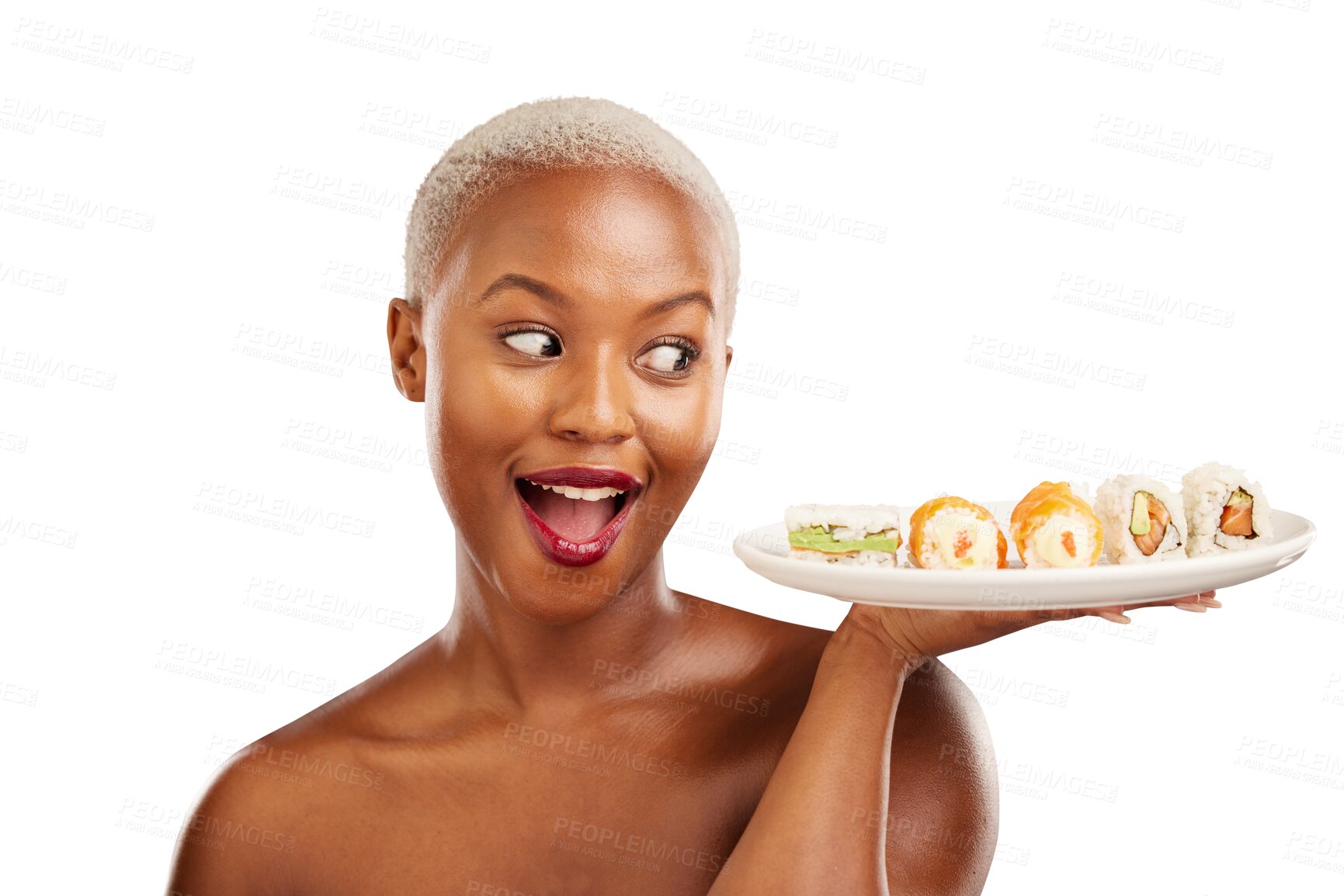 Buy stock photo Surprise, woman or restaurant for plate of sushi, healthy eating or beauty by nutrition. Black person, model or excited for waiter service with seafood lunch or isolated on transparent png background