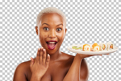 Buy stock photo Portrait, woman or surprise for hands with sushi plate, healthy eating or nutrition in restaurant. Black person, model or face as waiter service for seafood or isolated on transparent png background