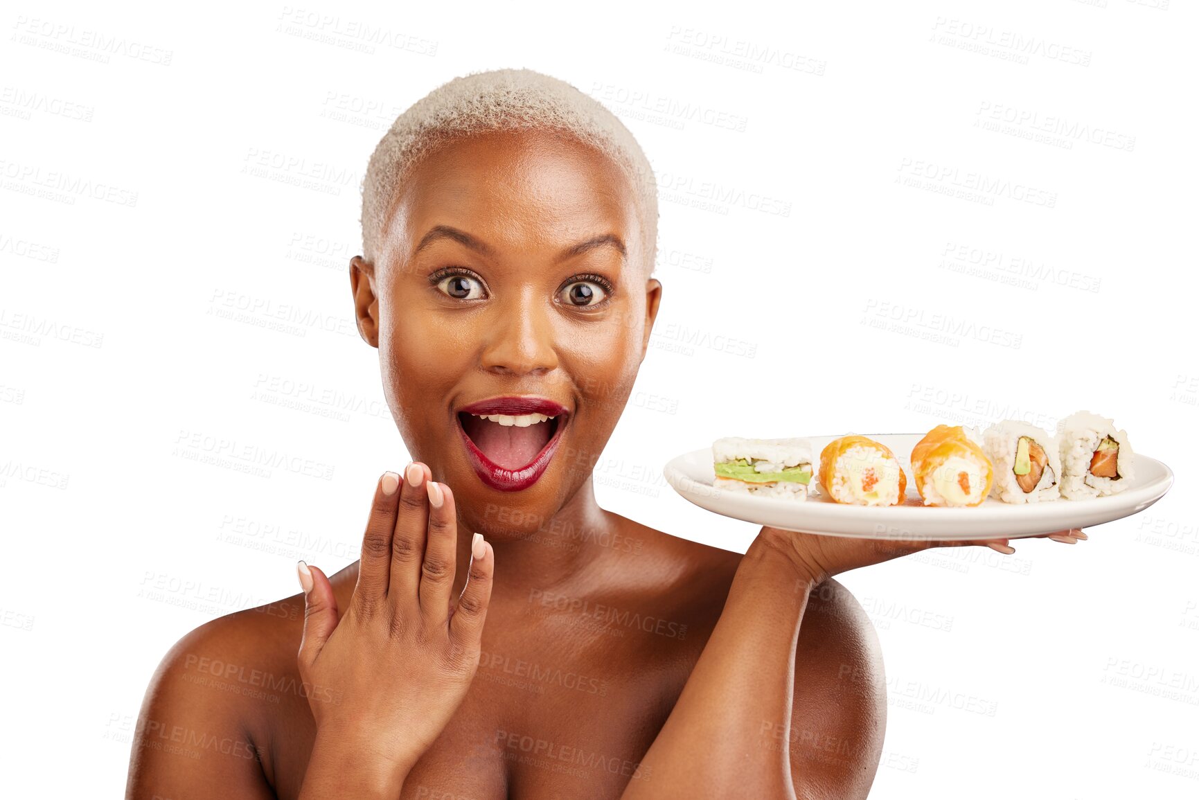 Buy stock photo Portrait, woman or surprise for hands with sushi plate, healthy eating or nutrition in restaurant. Black person, model or face as waiter service for seafood or isolated on transparent png background