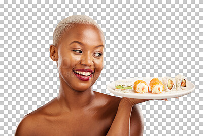 Buy stock photo Happy, woman or restaurant for plate of sushi, healthy eating or beauty with nutrition. Black person, model or makeup for waiter service with seafood lunch or isolated on transparent png background
