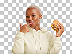 Burger, eating and portrait of woman or student on studio yellow