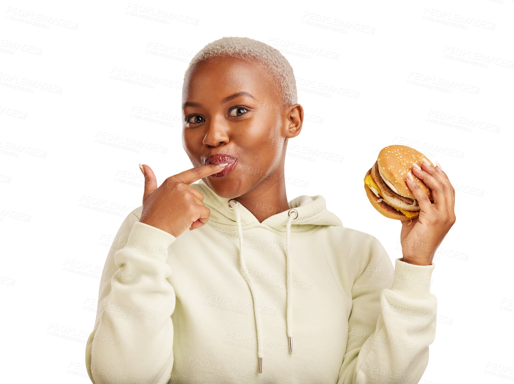 Buy stock photo Portrait, taste and woman with happy for burger, fast food and excited with restaurant promotion. Black person, model and face with hamburger with cheese and isolated on transparent png background
