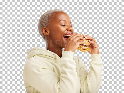Buy stock photo Happy, eating and black woman with hamburger on isolated, png and transparent background. Restaurant, hungry and person with fast food, burger and takeaway meal for promotion and deal for lunch
