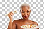 Sushi, Japanese food and portrait of woman with salmon, rice and