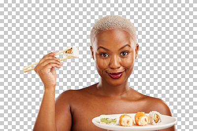 Buy stock photo Portrait, smile and woman with chopsticks for sushi, healthy eating and beauty with nutrition food. Black person, face or makeup with glow for seafood lunch or isolated on transparent png background