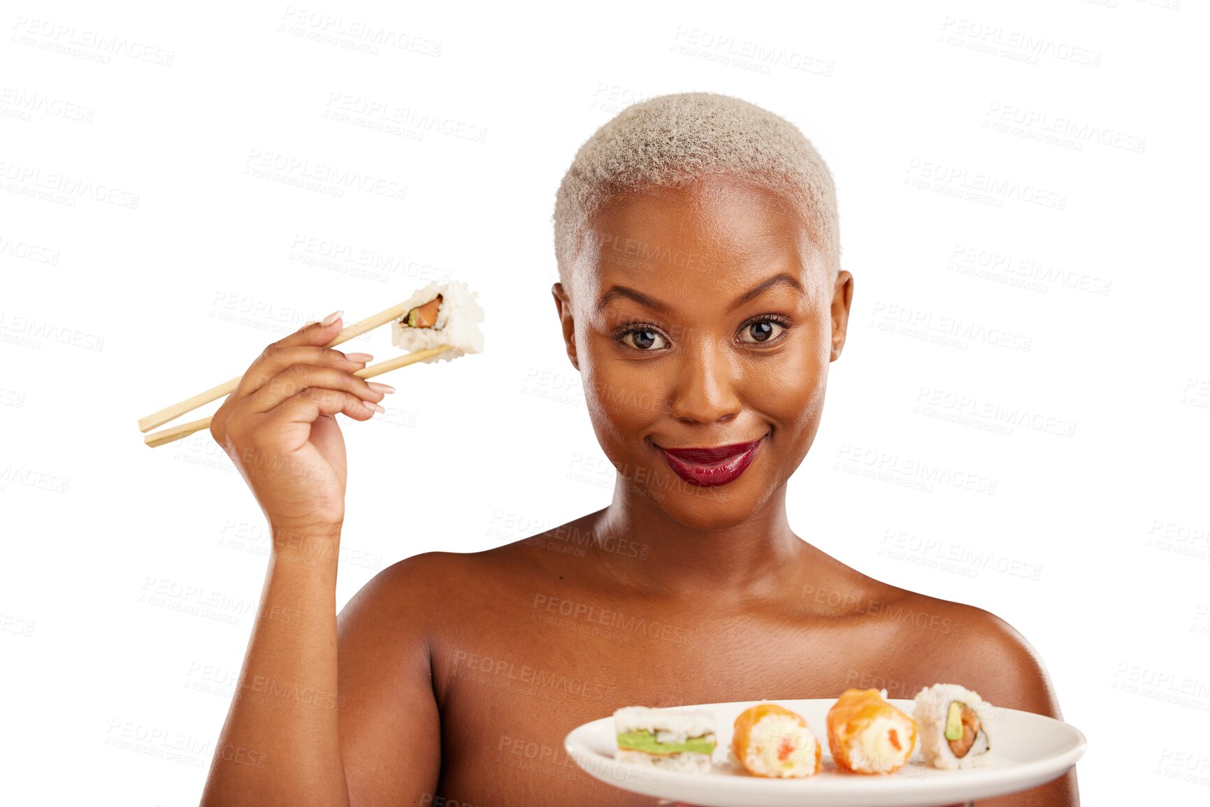 Buy stock photo Portrait, smile and woman with chopsticks for sushi, healthy eating and beauty with nutrition food. Black person, face or makeup with glow for seafood lunch or isolated on transparent png background