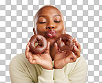 Sweets, smile and black woman with donuts, funny and happiness w