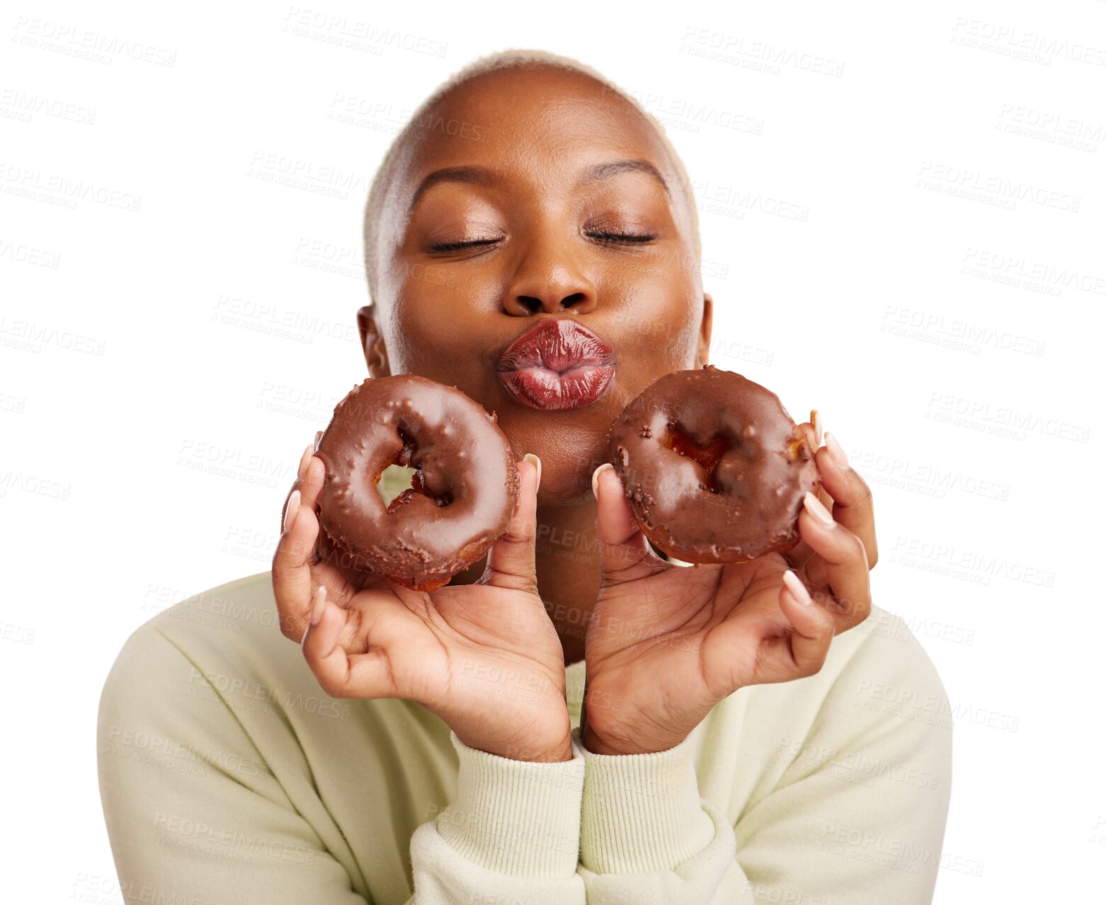 Buy stock photo Kiss, black woman and donut with chocolate for candy, dessert and unhealthy eating. Lips, food and sugar treats of young model with cake, sweet pastry and isolated on transparent png background 