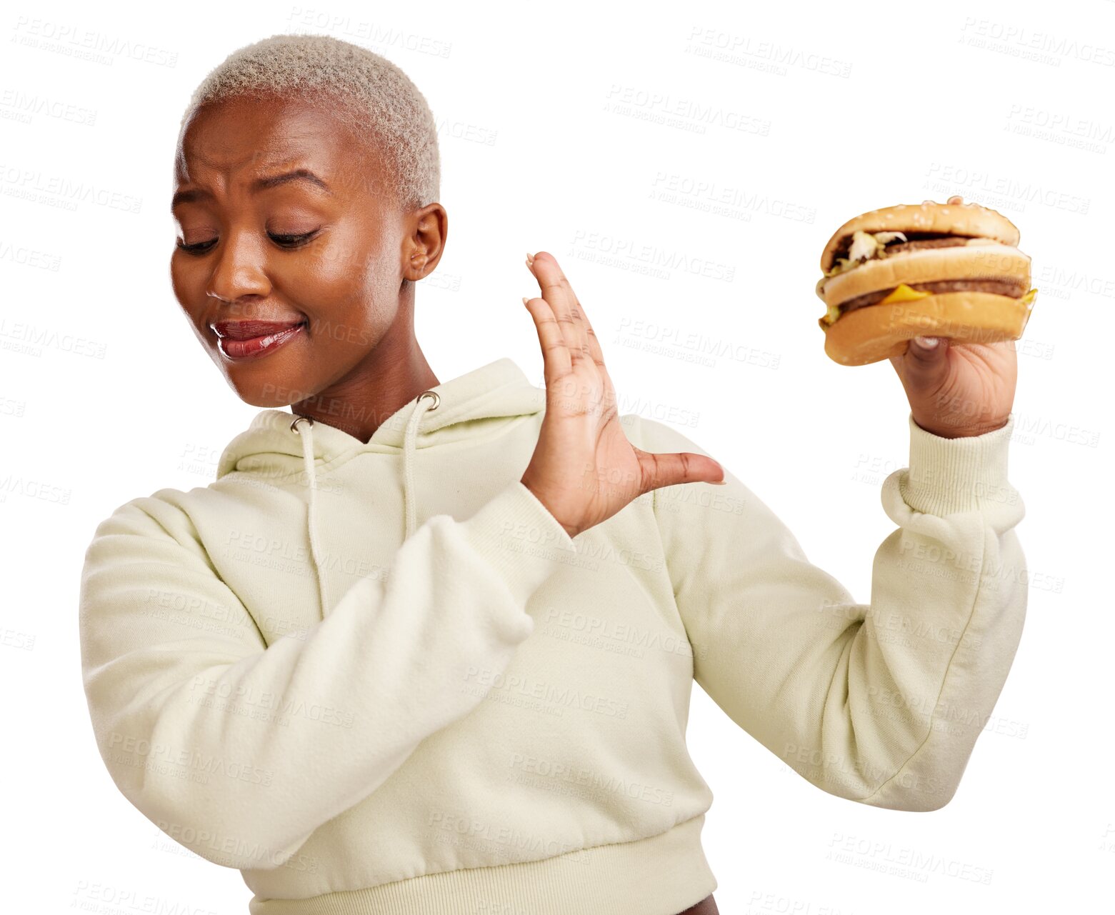 Buy stock photo Diet, reject and fast food with black woman, nutrition and unhealthy snack isolated on transparent background. African person, model and girl with a burger, frustrated and choice with mistake and png
