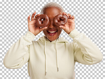 Buy stock photo Isolated woman, chocolate donut and eyes with funny smile, laughing and dessert by transparent png background. Comic African girl, cake and excited for sweets, snack and hungry with bakery product