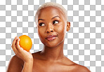 Orange, thinking and black woman with skincare, natural beauty a