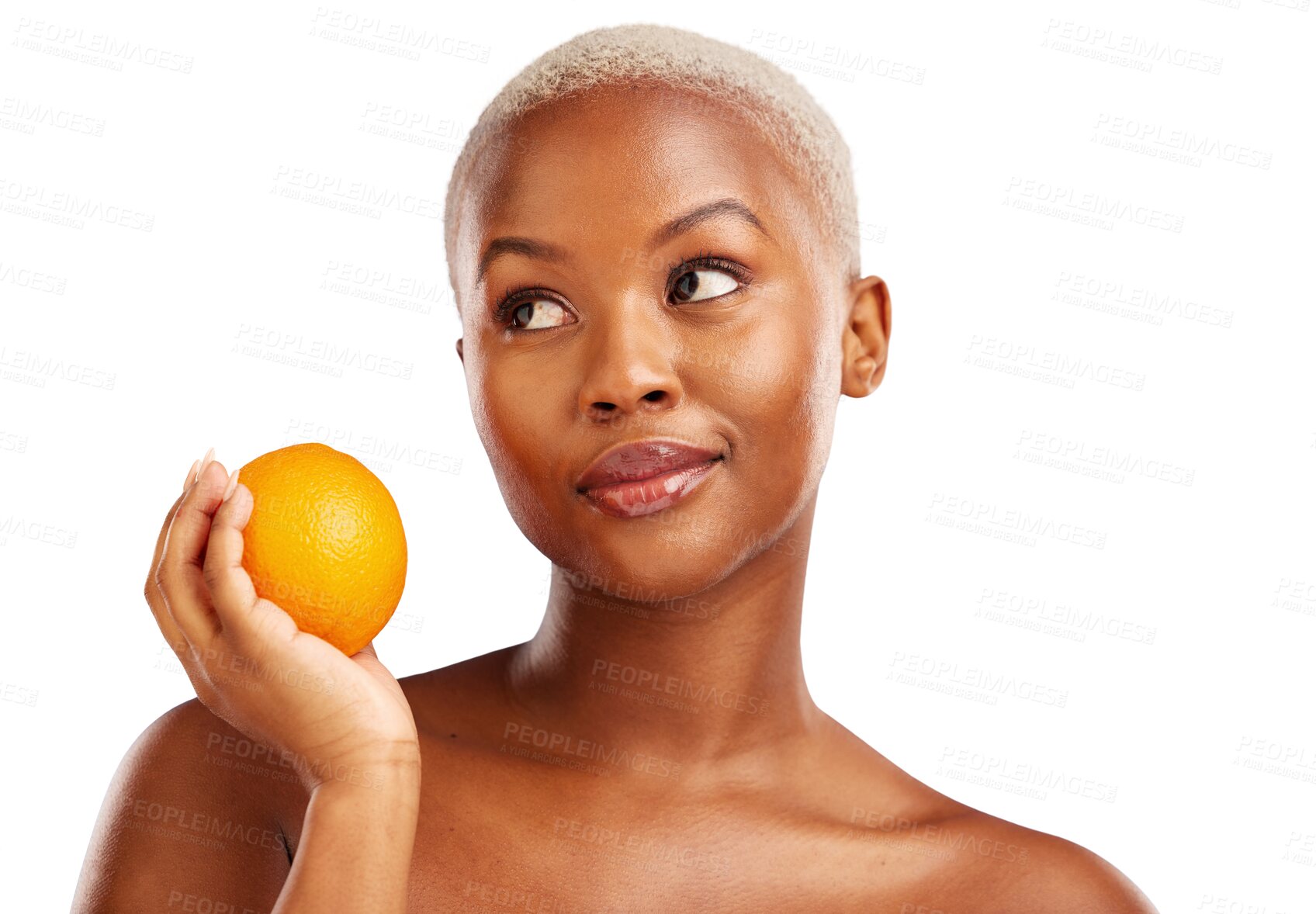 Buy stock photo Beauty, thinking face and woman with an orange isolated on png transparent background for health and wellness. Black person, smile or makeup with fruit for nutrition, healthy diet or vitamin detox