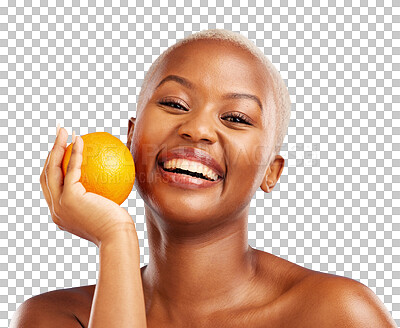 Buy stock photo Happy black woman, orange or portrait for skincare, beauty or diet nutrition for wellness, health or fruits. Face, laugh or African person with smile or glow isolated on transparent png background