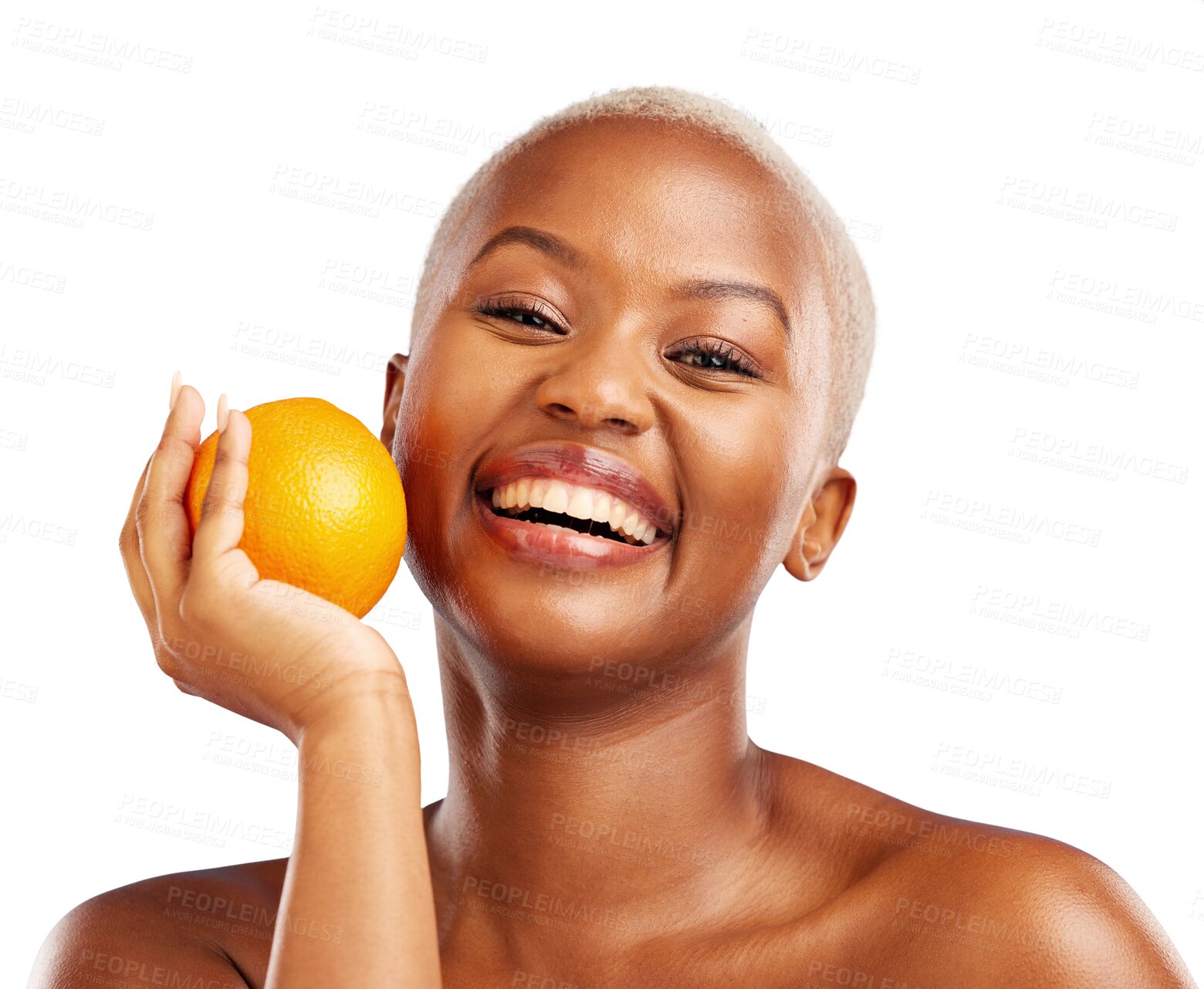 Buy stock photo Happy black woman, orange or portrait for skincare, beauty or diet nutrition for wellness, health or fruits. Face, laugh or African person with smile or glow isolated on transparent png background