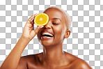Orange, beauty and funny with a model black woman in studio on a