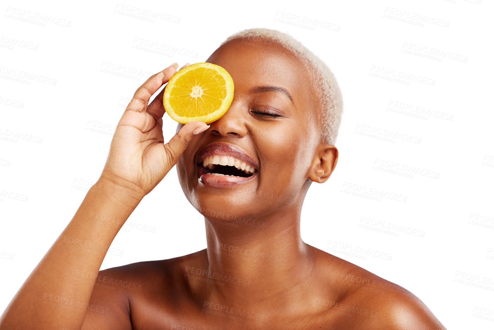 Buy stock photo Happy black woman, laughing or orange for skincare, beauty or diet for wellness, health or fruits. Eye, funny girl or African female person with smile or glow isolated on transparent png background
