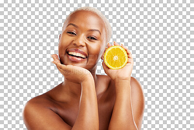 Buy stock photo Happy black woman, orange or portrait for beauty, skincare or diet nutrition for wellness, health or fruits. Face, natural or African person with smile or glow isolated on transparent png background
