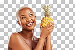 Happy black woman, pineapple and thinking for diet or natural nu
