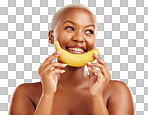 Beauty, smile and banana with a model black woman thinking on a