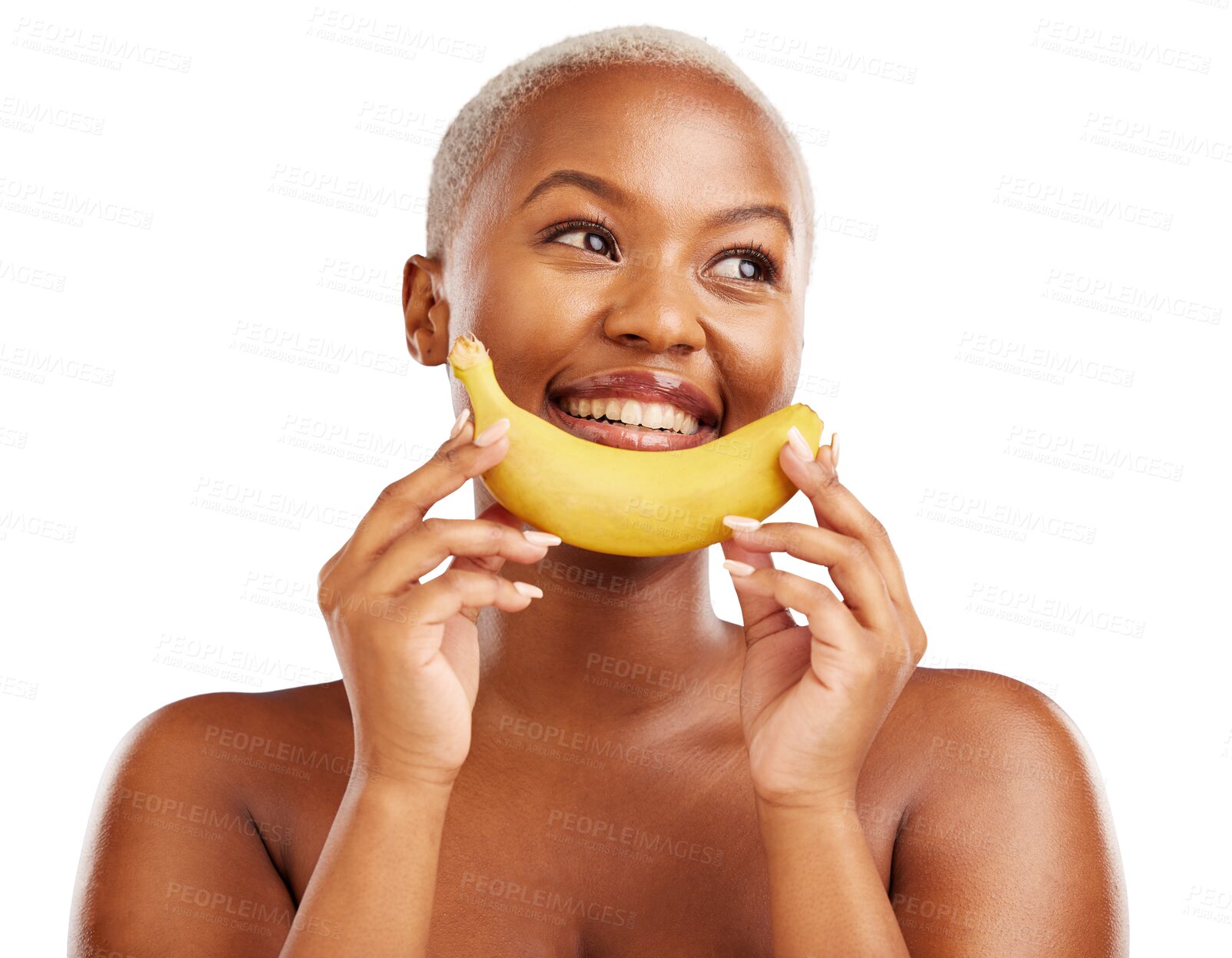 Buy stock photo Beauty, thinking face and woman with a banana isolated on png transparent background for health and wellness. Black person, smile or makeup with fruit for nutrition, healthy diet or organic detox