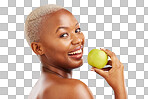 Happy black woman, portrait and apple for diet, nutrition or hea