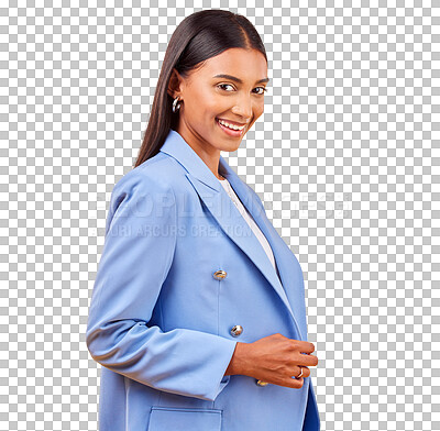 Buy stock photo Business woman, smile and portrait with professional style and formal suit with job pride. Happy, face and indian model with confident for career growth and isolated on transparent png background 