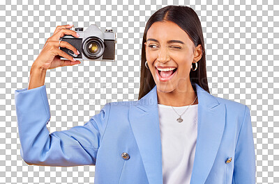 Buy stock photo Camera, photography and woman picture with a smile and wink on isolated transparent png background. Happy, young female person and creative for memory, funny emoji and  face with photographer skill