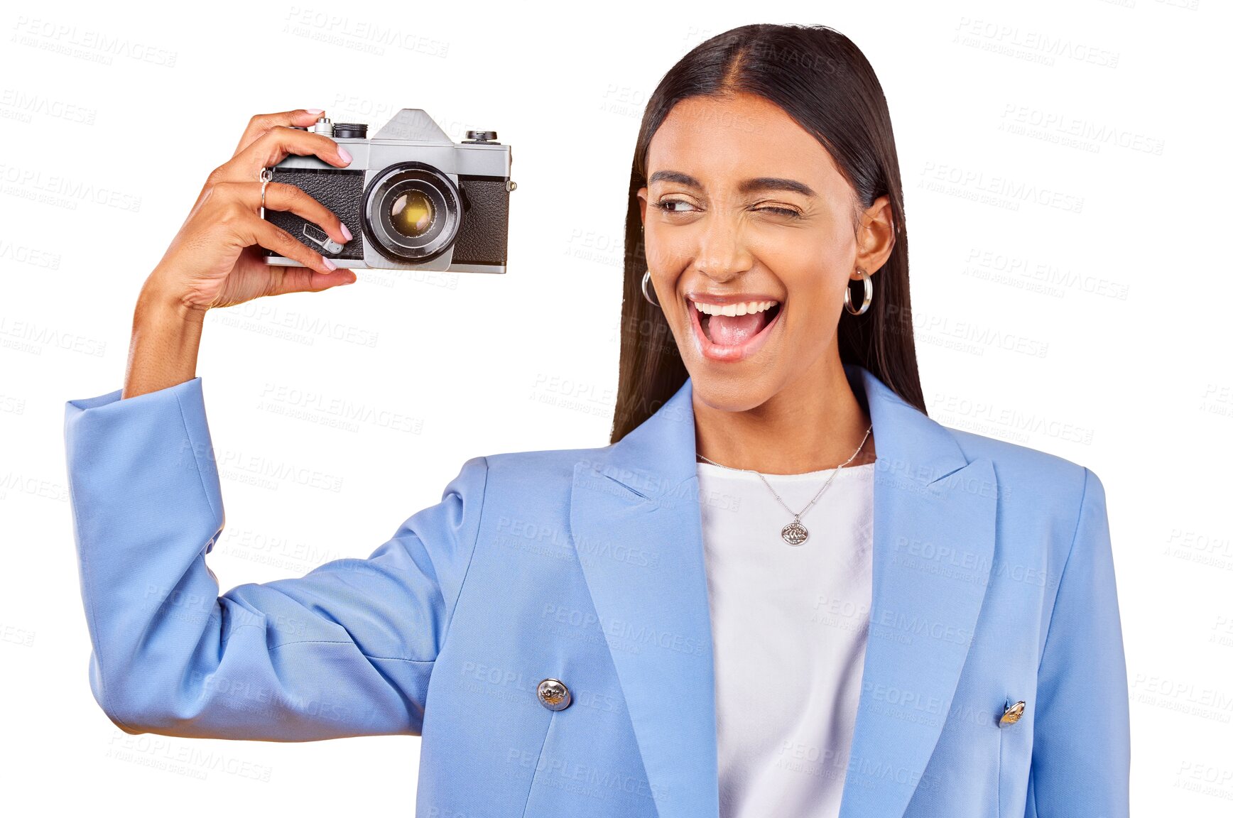 Buy stock photo Camera, photography and woman picture with a smile and wink on isolated transparent png background. Happy, young female person and creative for memory, funny emoji and  face with photographer skill