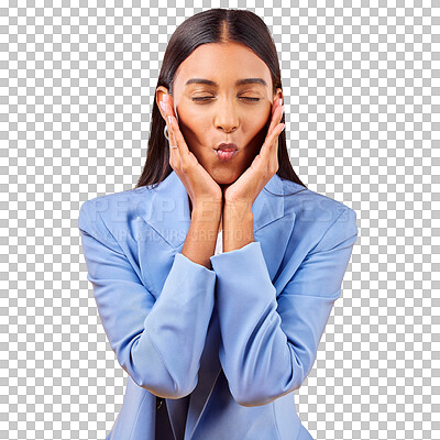 Buy stock photo Hands, lips pout and woman with eyes closed for kiss or love isolated on a transparent PNG background. Face of happy female person or model touching skin in satisfaction for beauty and cosmetics