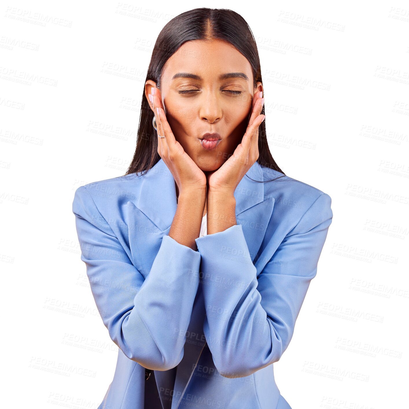 Buy stock photo Hands, lips pout and woman with eyes closed for kiss or love isolated on a transparent PNG background. Face of happy female person or model touching skin in satisfaction for beauty and cosmetics