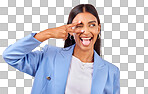 Peace sign, funny and woman with togue out and fashion with emoj
