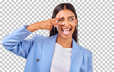 Buy stock photo Smile, woman and peace sign, tongue out and creative isolated on transparent png background. Business, happiness and young professional girl with hand gesture, trendy cool style and work clothes.