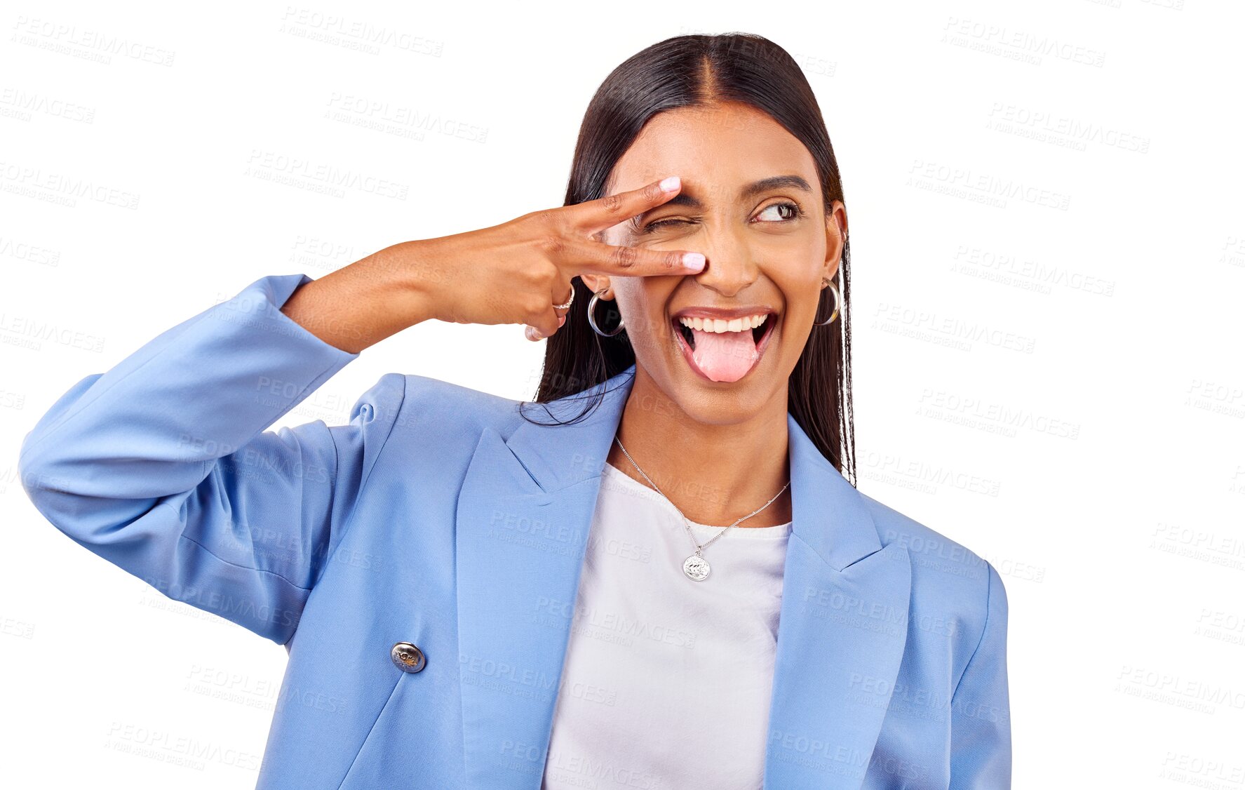 Buy stock photo Smile, woman and peace sign, tongue out and creative isolated on transparent png background. Business, happiness and young professional girl with hand gesture, trendy cool style and work clothes.