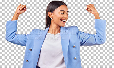 Buy stock photo Flex, success and happy as business woman for pride career, professional and champion. Empowerment, power and strong with person in celebration achievement and isolated on transparent png background